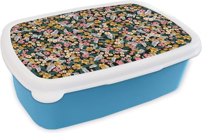Broodtrommel Blauw - Lunchbox - Brooddoos - Bloemen - Regenboog - Patronen - 18x12x6 cm - Kinderen - Jongen