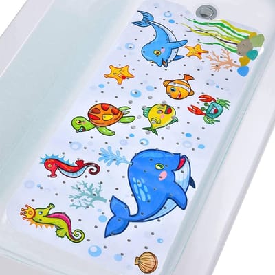 Antislip Badmat voor Kinderen - Extra Lange Badkamer Douchematt met Zuignappen en Afvoergaten 100 x 40 cm - Dolfijn