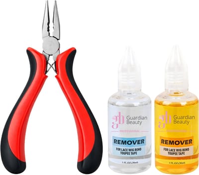 Guardian Beauty Pruikentape Remover Set - For Lace Wig Bond and Toupee Tape - Transparant, Geel- 2 stuks - 30ml - Met Microringen Gebogen Tang - Haar Extensions