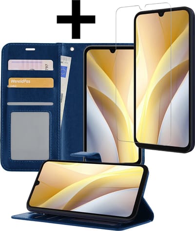 Hoesje - Met Screenprotector - Geschikt voor Samsung Galaxy A15 - Luxe Pasjeshouder - Bookcase Portemonee - Flip Case - Kunstleer Book Case - Flipcase - Book Cover - Walletcase - Portemonneehoes - Telefoonhoesjes - Donkerblauw