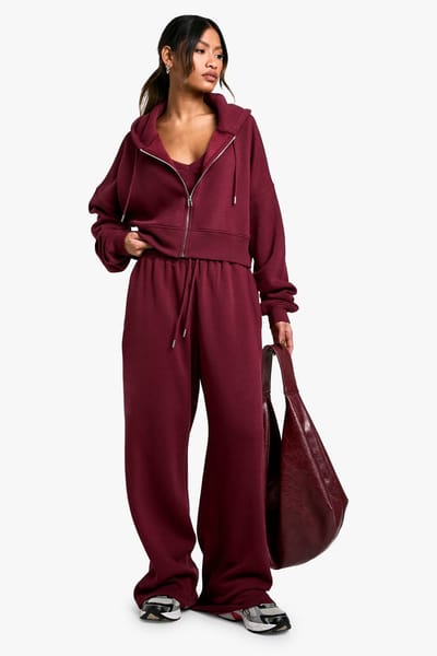 boohoo Dames Geribde V-Hals Top 3-delig Trainingspak met Capuchon | Bordeaux Rood | Maat: Medium