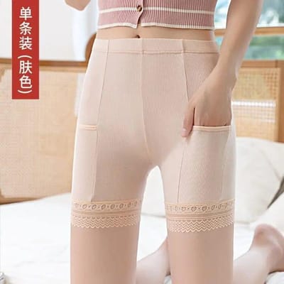 Kant Veiligheid Korte Broek Dames Zomer Naadloos Ondergoed met Zak Dames Shorts Hoge Taille Slips Vrouwelijke Onderbroek Lingerie One Size beige