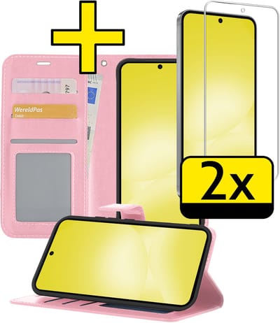 Hoesje - Met 2x Screenprotector - Geschikt voor Samsung Galaxy A56 - Luxe Pasjeshouder - Bookcase Portemonee - Flip Case - Kunstleer Book Case - Flipcase Hoes - Book Cover - Walletcase - Portemonneehoes - Telefoonhoesjes - Lichtroze