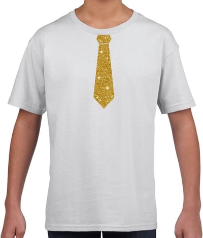 Verkleedkleding t-shirt - wit - met kleine Stropdas - goud glitters - voor kinderen - carnaval 110/116