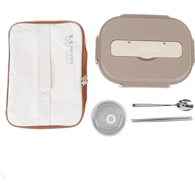 316 Roestvrijstalen Lunchbox 1500ml Draagbare Lunchcontainer met Soepkom Lepel Eetstokjes Tas Brown white