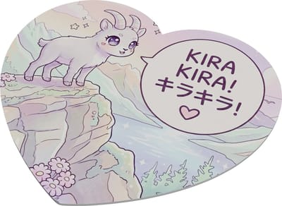 Muismat Hartvormig Kawaii Berggeit Anime Stijl – Japanse Tekst Kira Kira Glitter – Pastel Kleuren Natuur Landschap – Schattig Dier Cadeau voor haar: Vriendin & Collega – Gaming Muismat Meisjes – Decoratie Kantoor en Werkplek – Geitje Illustratie
