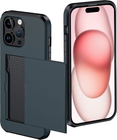 Hoes Geschikt voor iPhone 15 Pro Hoesje Pasjeshouder Hard Cover Shock Proof Hard Case Hoes Met Kaarthouder - Donkerblauw