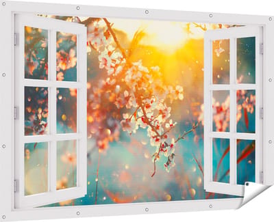 Gards Tuinposter Doorkijk Bloesemboom tijdens Zonsondergang - Bloem - 180x120 cm - Tuindoek - Tuindecoratie - Wanddecoratie buiten - Tuinschilderij
