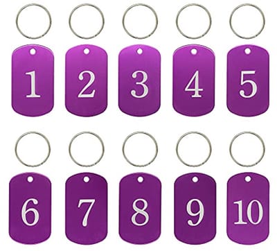 Gegraveerde Nummerlabels voor Sleutelhangers - Aluminium Labels met Ringen (1-25, Paars)