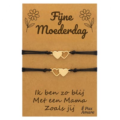 Moeder Kind Armbandjes voor 2 "Fijne Moederdag" - Hartjes - Vriendschapsarmbandjes met Persoonlijk Cadeau Kaartje - Goudkleurig - Elastisch Verstelbaar - Pax Amare