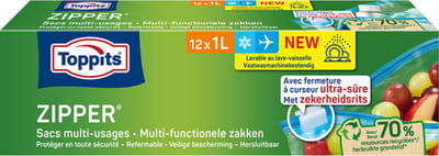 TOPPITS zipper diepvrieszak 48x1 liter (4 doosjes van 12 stuks) - vaatwasserbestendig - herbruikbaar