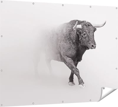 Gards Tuinposter Stier op een Grijze Achtergrond - Zwart Wit - 160x120 cm - Tuindoek - Tuindecoratie - Wanddecoratie buiten - Tuinschilderij