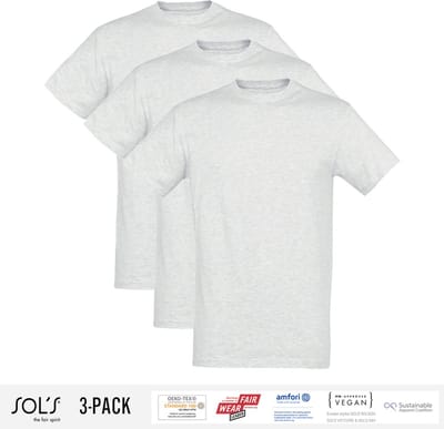 3 Pack Sol's Heren T-Shirt 100% biologisch katoen Ronde hals Ash Grey Maat S