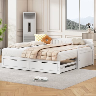 REDOM Bedbank – 90/180x190 cm – Uitschuifbaar met lades – Massief grenenhout – Wit