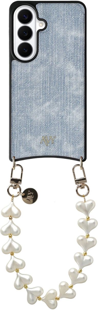 AVY Hoesje Geschikt voor Samsung Galaxy S26 Plus | Compatibel met MagSafe | Kunstleren Case met Telefoonkoord | Polsband | Denim | Cupid Pearl
