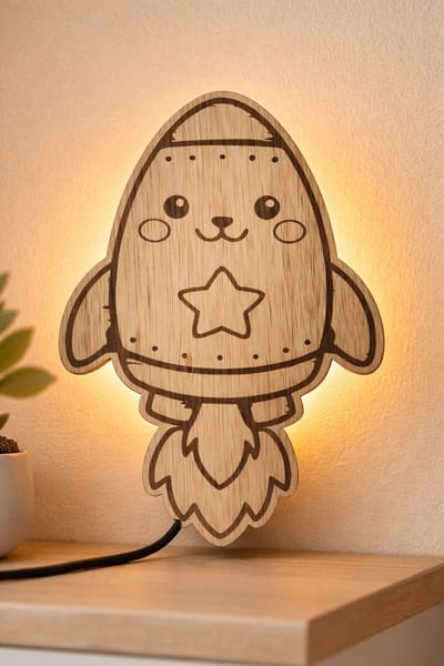 Houten Wandlamp Kinderkamer – Raket Lampje met Warm Licht – Babykamer Nachtlamp – Handgemaakt LED Wandlamp