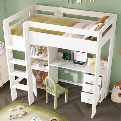 Kinderstapelbed met USB-C-aansluiting, bureau, kledingkast en archiefkast; tienerbed, eenpersoonsbed met trap en lattenbodem, opbergruimte, 90x200 cm, zonder matras