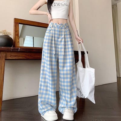 Blauw Geruit Wijde Pijpen Broek voor Dames In de Zomer Nieuw Hoge Taille Hangende Luie Stijl Losse Rechte Casual Broek 4XL gray