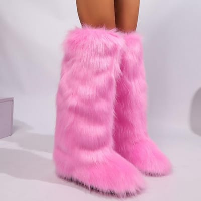 Dames Knielange Fuzzy Faux Fur Laarzen - Zacht, Warm en Comfortabel Instapmodel met Platte Hak Dames Pluche Warme Plateauschoenen 39 roze