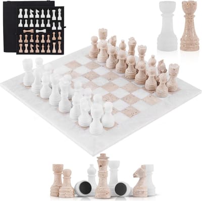 Handgemaakte Marmeren Schaakset 38,1 cm - Luxe Reisschaakspel met Opbergdoos
