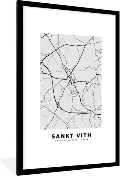 Fotolijst incl. Poster Zwart Wit- België – Sankt Vith – Stadskaart – Kaart – Zwart Wit – Plattegrond - 80x120 cm - Posterlijst
