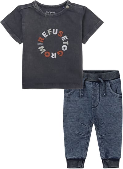 Dirkje - Noppies - Kledingset - Basic Collection - BIO COTTON - Joggingbroek Indigo Blauw - Shirt Minonk Korte Mouw Asphalt - Maat 68