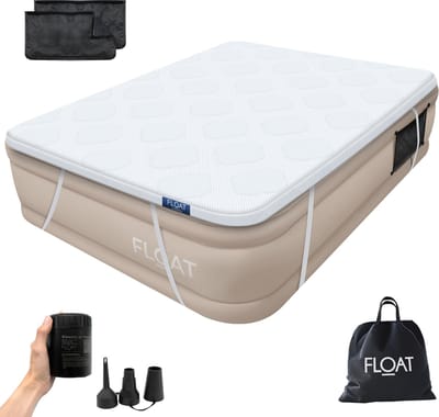FLOAT - 2 Persoons luchtbed met (5 cm) Foam Topper - 203x152x45 cm - Opbergzakken, draagtas en reparatiekit - Zelfopblazend Twee persoons luchtmatras - Ingebouwde elektrische pomp - Stevig Logeerbed - CloudSpring - Beige