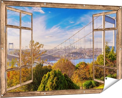 Gards Tuinposter Doorkijk Bosphorus Brug in Instanbul - 150x100 cm - Tuindoek - Tuindecoratie - Wanddecoratie buiten - Tuinschilderij