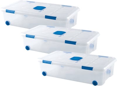 Plasticforte Opslagbox - 3x stuks - met deksel - 30L - 73 x 41 x 18 cm - transparant - opbergbak - met wielen