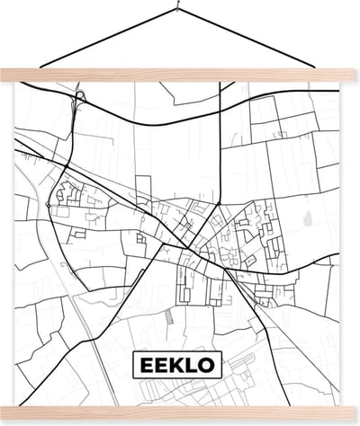 Posterhanger incl. Poster 40x40 cm - Schoolplaat - België – Eeklo – Stadskaart – Kaart – Zwart Wit – Plattegrond - Textielposter - Blanke latten - Stadskaart