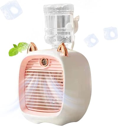 Fan-aircooler-Bureauventilator-Mini Luchtkoeler met Mist en Nachtlampje – Draagbare 3-in-1 Tafelventilator met Luchtkoeling, Luchtbevochtiger en LED-lamp – 3 Snelheden – USB Oplaadbaar – Geweldig voor Kantoor, Slaapkamer en Zomer – roze