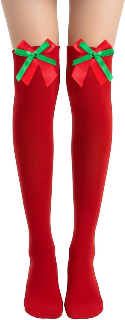 Gestreepte Kerstkniekousen voor Vrouwen met Strik - Ideaal voor Feestelijke Kostuums en Party's (Rood, Rood-Groene Strik)