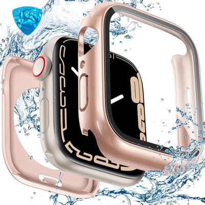 2-in-1 Waterdichte Bescherming voor Smartwatch 45mm, 360 Graden PC Hoes met Gehard Glas, Stootvast en Stofdicht, Roze Goud