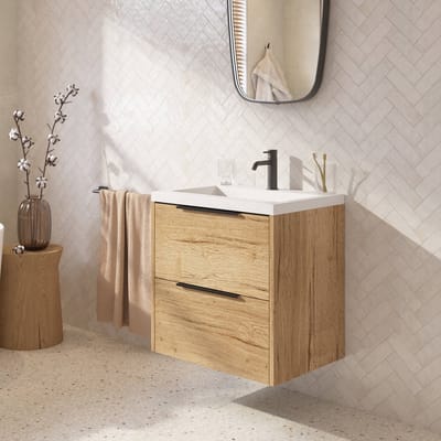 Saqu Lima ondiep badmeubel incl. glans witte wastafel 60x40x64cm eiken marcato – mat zwarte greep