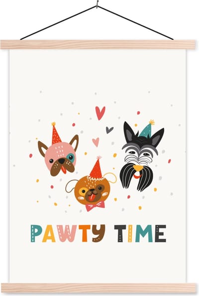 Posterhanger incl. Poster 87x120 cm - Schoolplaat - Quotes - Honden - Feest - Pawty time - Spreuken - Textielposter - Blanke latten