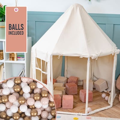 KiddyMoon Speeltent Kindertent Met 400 Ballen Opvouwbaar Voor Kinderen Paviljoenvormig Kinderhuis Gemakkelijk In elkaar te zetten Om Binnen En Buiten Te Spelen, Natuurlijke Kleur:Pastel Beige/Wit/Goud