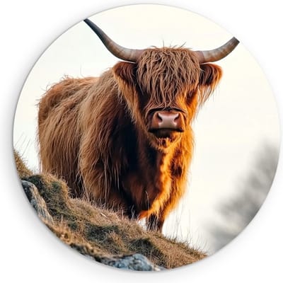 Saammp Muurcirkel Hout Schotse Hooglander Koe op een Berg - Dieren - Natuur - Ø 90 - Wandcirkel - Wanddecoratie Cirkel - muurdecoratie Woonkamer - Slaapkamer decoratie - Rond Schilderij