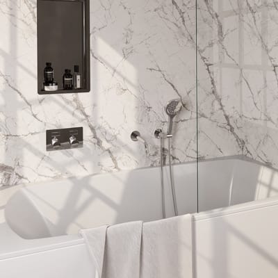 Brauer Chrome Carving thermostatische inbouw badkraan met drukknoppen SET 04 met uitloop en 3-standen handdouche en doucheslang en wandaansluitbocht chroom