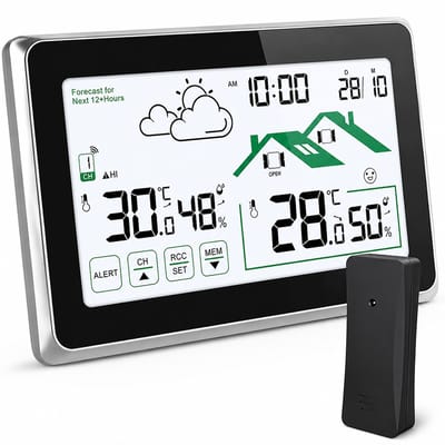 Draadloos Weerstation met Buitensensor - Weersvoorspelling - Thermometer en Hygrometer - LCD Touchscreen - DCF Radioklok - Binnen- en Buitentemperatuur