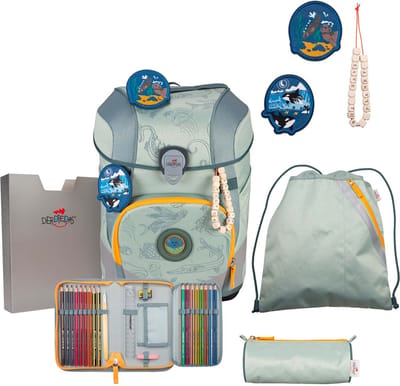 DerDieDas Schooltas ErgoFlex Tiny Exklusiv Eco Schulranzenset 5-delig Grey Planet Mintgroen