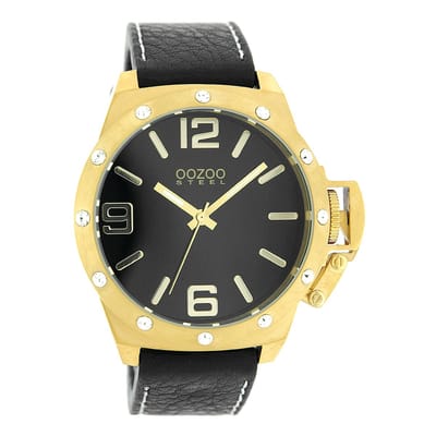 OOZOO Timepieces - Goudkleurige horloge met zwarte leren band - OS130