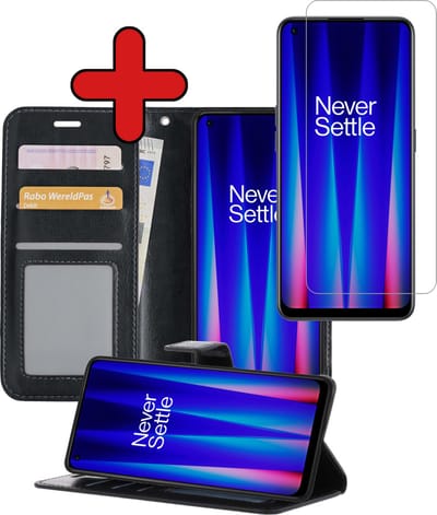 Hoesje - Met Screenprotector - Geschikt voor OnePlus Nord CE 2 - Luxe Pasjeshouder - Flipcase - Bookcase Portemonee - Flip Case - Kunstleer Book Case - Book Cover - Walletcase - Portemonneehoes - Telefoonhoes - Zwart
