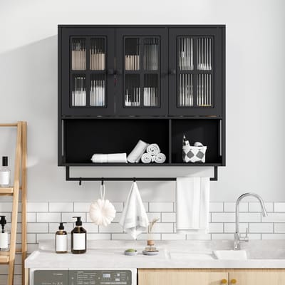 REDOM - Badkamerkast Voor Aan De Wand - 3 Deuren - Open En Gesloten Opbergruimte - Modern - MDF En Glas - Zwart - 88 x 26 x 82,5 cm