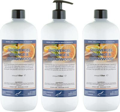 Douchegel Sweet Orange & Cedarwood 1 liter - set van 3 stuks - met gratis pomp - showergel