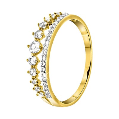 Lucardi Dames Ring 2rij met zirkonia - Ring - Cadeau - 14 Karaat Goud - Geelgoud