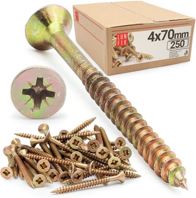 LUN FIX - Universeelschroef 4x70 mm - 250 stuks - Kruiskop PZ2 - Verzonken kop - Houtschroeven