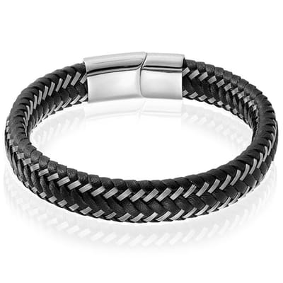 Heren armband Leer Edelstaal LGT Jewels Zilverkleurig Zwart - 19cm