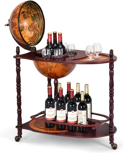 KOMFOTTEU Bar Globe Wijnrek met wielen, 2-traps flessenhouder, houten barwagen, minibar voor dranken, restaurant, feest, bruin, 70 x 45 x 88 cm