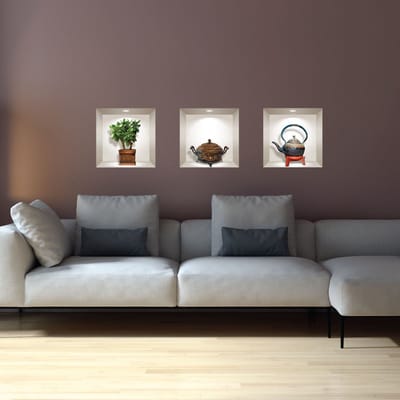 3D-stickers van een plant en een antieke Japanse theepot, 30 x 90 cm
