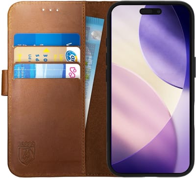 Rosso Deluxe Echt Leer Hoesje Geschikt voor Apple iPhone 17 Pro Max | Ruimte voor drie pasjes | Portemonnee Book Case | Met Pasjeshouder | Bruin